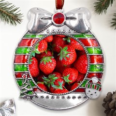 Strawberry, Berries, Fresh, Red Metal X mas Ribbon With Red Crystal Round Ornament by kyorashop23