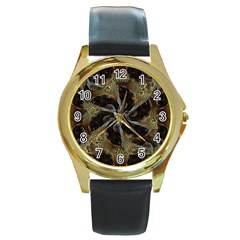 Abstract Ornate Organic Texture Design Print Round Gold Metal Watch