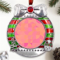 Geometric Pink Ocean  Metal X mas Ribbon With Red Crystal Round Ornament