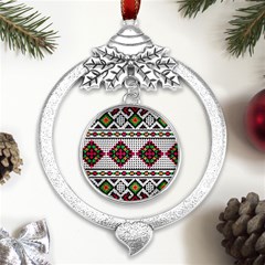 Ukrainian Folk Seamless Pattern Ethnic Ornament Border Element Traditional Metal Silver X mas Leaves Round Ornament