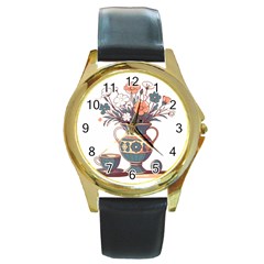 Flower Vase Nature Bloom Blossom Round Gold Metal Watch by Salmanaz77