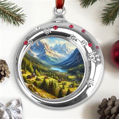 Forest Landscape Nature Trees Metal Snowflake Red Crystal Round Ornament