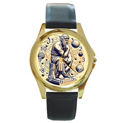 Thinker Sculpture Design Geometric Round Gold Metal Watch