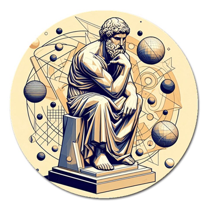 Thinker Sculpture Design Geometric Magnet 5  (Round)