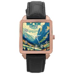 Mountains Nature Forest Landscape Rose Gold Leather Watch  by Salmanaz77