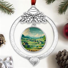 Countryside Meadow Rural Bloom Metal Silver X mas Leaves Round Ornament by Salmanaz77