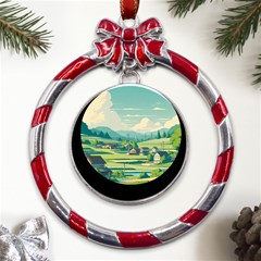 Countryside Meadow Rural Bloom Metal Red Ribbon Round Ornament by Salmanaz77