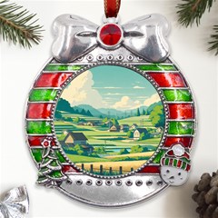 Countryside Meadow Rural Bloom Metal X mas Ribbon With Red Crystal Round Ornament