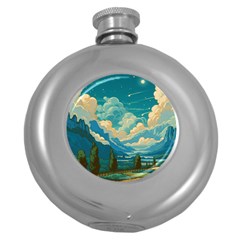 Mountains Rural Countryside Sky Round Hip Flask (5 Oz) by Salmanaz77