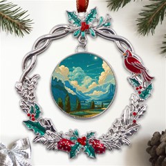 Mountains Rural Countryside Sky Metal X mas Wreath Holly Leaf Ornament by Salmanaz77