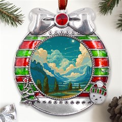 Mountains Rural Countryside Sky Metal X mas Ribbon With Red Crystal Round Ornament by Salmanaz77