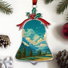 Mountains Rural Countryside Sky Metal Holly Leaf Bell Ornament by Salmanaz77