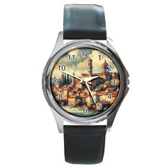 Village Houses Buildings Facade Round Metal Watch