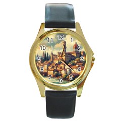 Village Houses Buildings Facade Round Gold Metal Watch