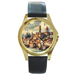 Village Houses Buildings Facade Round Gold Metal Watch Front