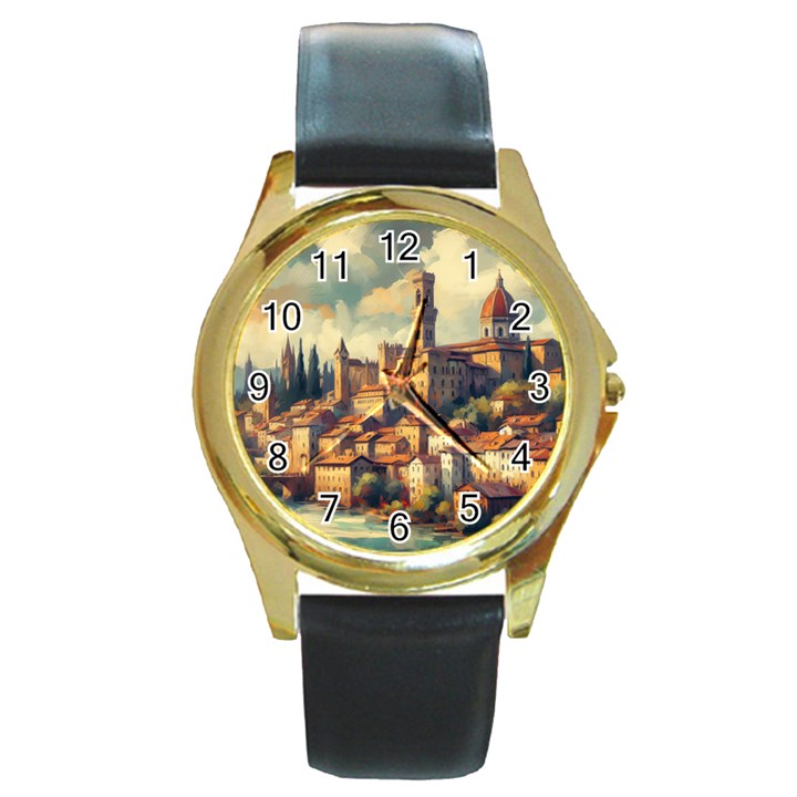 Village Houses Buildings Facade Round Gold Metal Watch