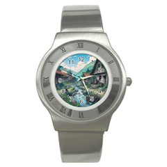 Village Nature Winter Landscape Stainless Steel Watch