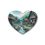 Village Nature Winter Landscape Rubber Heart Coaster (4 pack) Front