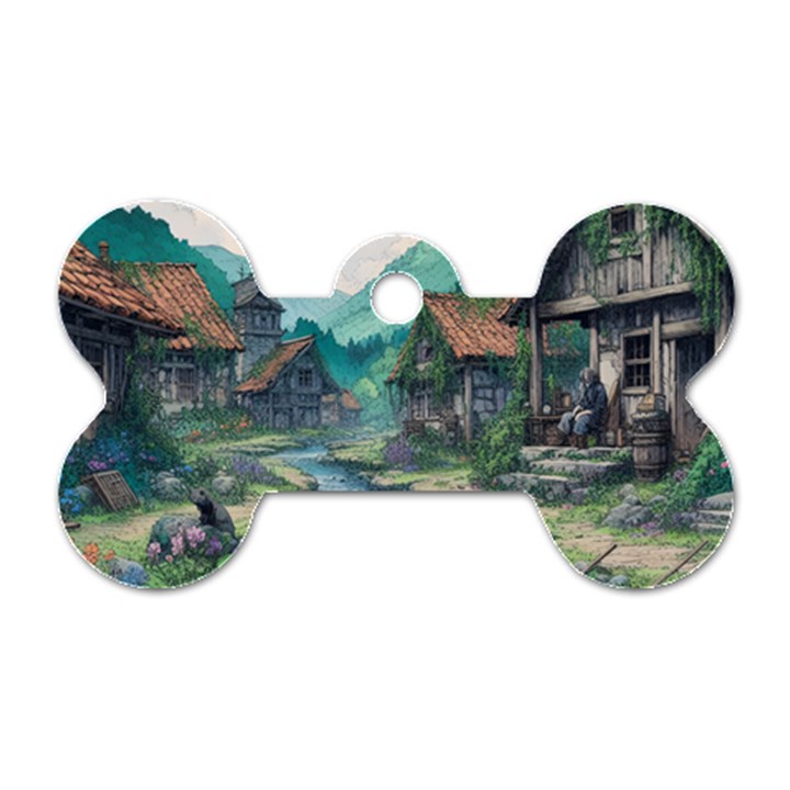 Village Nature Winter Landscape Dog Tag Bone (Two Sides)