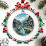 Village Nature Winter Landscape Metal X mas Wreath Ribbon Ornament Front