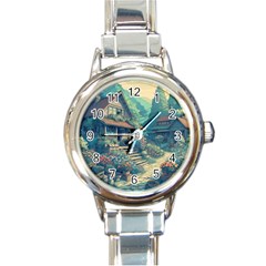 House Garden Building Flowers Round Italian Charm Watch