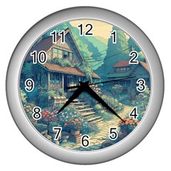 House Garden Building Flowers Wall Clock (silver)