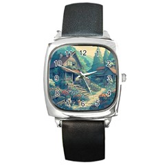 House Garden Building Flowers Square Metal Watch