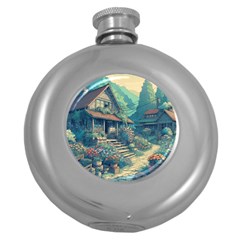 House Garden Building Flowers Round Hip Flask (5 Oz)