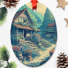 House Garden Building Flowers Oval Ornament (two Sides)