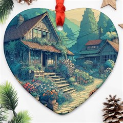 House Garden Building Flowers Heart Ornament (two Sides)