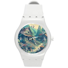 House Garden Building Flowers Round Plastic Sport Watch (m)