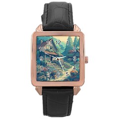 House Garden Building Flowers Rose Gold Leather Watch 