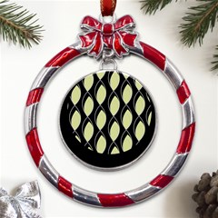 Brown Minimalist Leaves Metal Red Ribbon Round Ornament