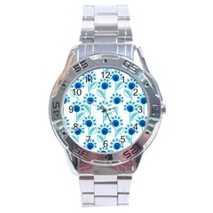 Blue Daisy Minimalist Leaves   Stainless Steel Analogue Watch