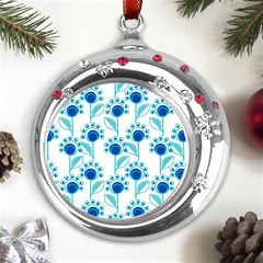 Blue Daisy Minimalist Leaves   Metal Snowflake Red Crystal Round Ornament