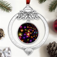 Star Colorful Christmas Abstract Metal Silver X mas Leaves Round Ornament