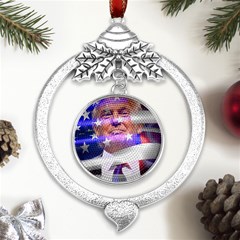 Donald Trump Flag Metal Silver X mas Leaves Round Ornament by vintagetrump