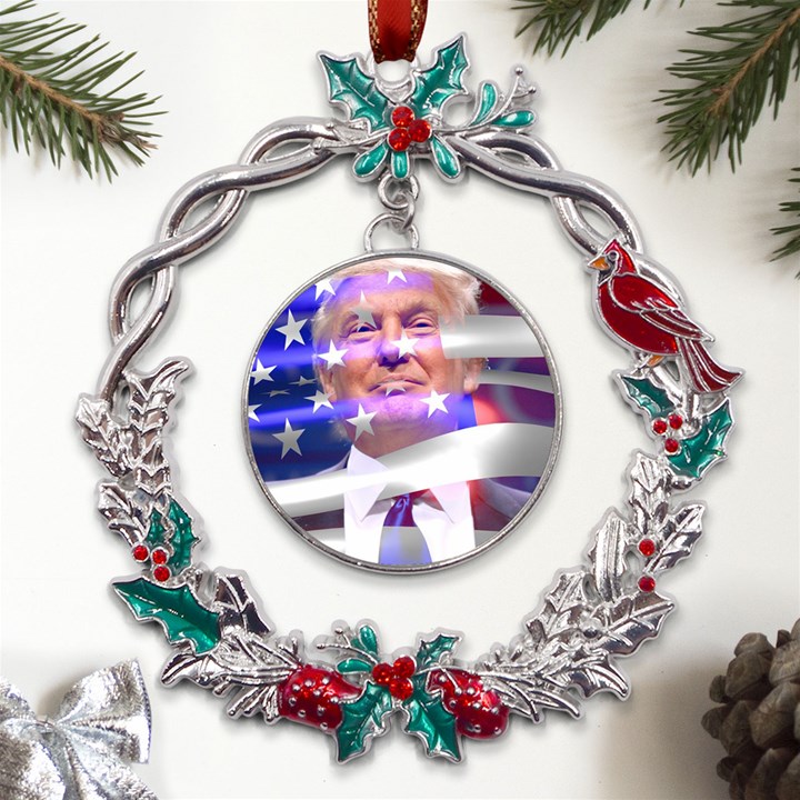 Donald Trump Flag Metal X mas Wreath Holly leaf Ornament