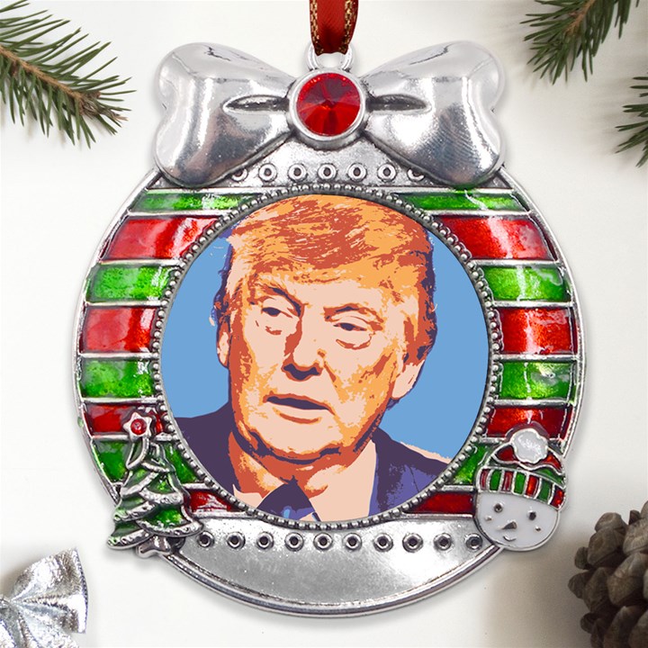 Orange Donald Trump Metal X Mas Ribbon With Red Crystal Round Ornament