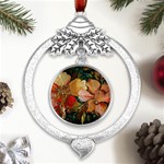  Floral Design 03 Metal Silver X mas Leaves Round Ornament Front