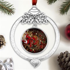 Christmas Art 01 Metal Silver X mas Leaves Round Ornament