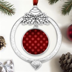 Illustrations Red Abstract Pattern Seamless Texture Metal Silver X mas Leaves Round Ornament by Hannah976