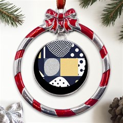 Geometric Design 10 Metal Red Ribbon Round Ornament