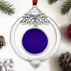 Blue Pattern Red Texture Metal Silver X mas Leaves Round Ornament by Mariart