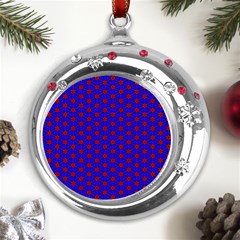 Blue Pattern Red Texture Metal Snowflake Red Crystal Round Ornament by Mariart