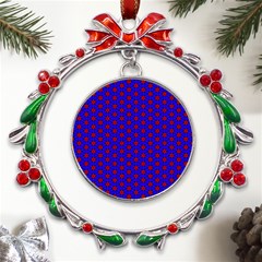 Blue Pattern Red Texture Metal X mas Wreath Ribbon Ornament by Mariart