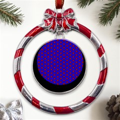 Blue Pattern Red Texture Metal Red Ribbon Round Ornament by Mariart