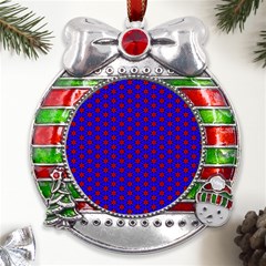 Blue Pattern Red Texture Metal X mas Ribbon With Red Crystal Round Ornament by Mariart