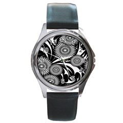 Modern Flowers Vector Seamless Pattern Round Metal Watch