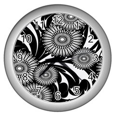 Modern Flowers Vector Seamless Pattern Wall Clock (silver)